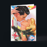 Tarjeta de saludo de Navidades románticos de época<br><div class="desc">Tarjeta de felicitación de Navidad retro / vintage. Hermosa pareja abrazada en un beso amoroso y romántico.</div>