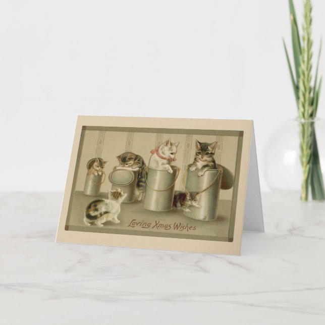 Tarjeta de saludo de Navidades Vintage Kittens (Anverso)