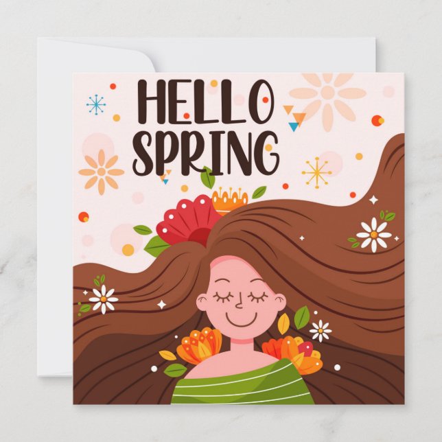 Tarjeta de saludo de niña de primavera flores Hola (Anverso)