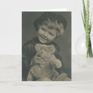 tarjeta de saludo de osito de peluche y niña peque