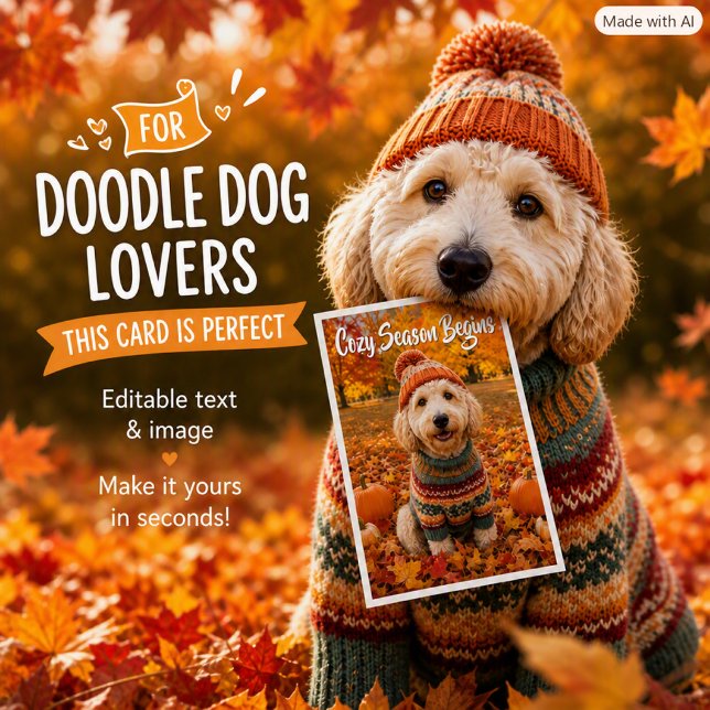 Tarjeta de saludo de otoño con perro Labradoodle e (Subido por el creador)
