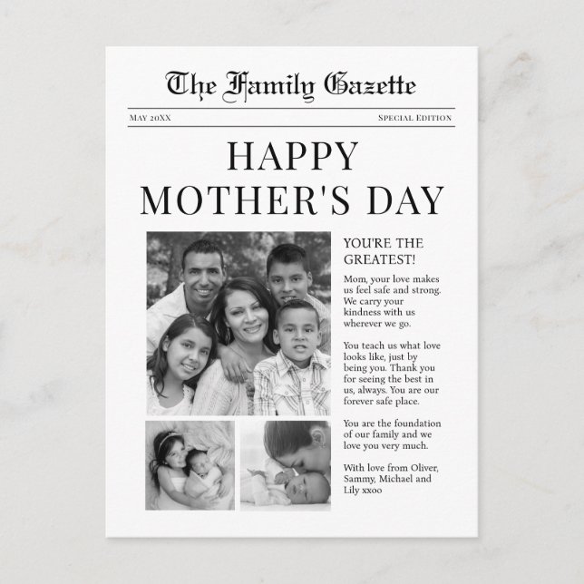 Tarjeta de saludo de periódico Happy Mothers Day (Anverso)