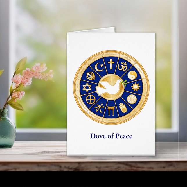 Tarjeta de saludo de personalizar Dove of Peace 4" ( Gold icons of world faiths surround the Dove of Peace, an international symbol of harmony. )