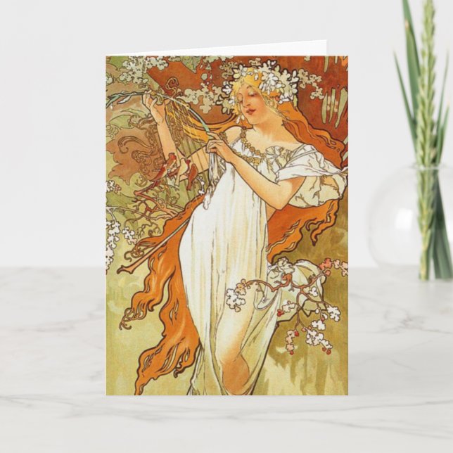 Tarjeta de saludo de primavera Art Nouveau Alphons (Anverso)