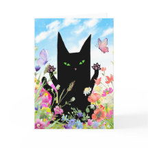 Tarjeta de saludo de primavera de gato negro: gati