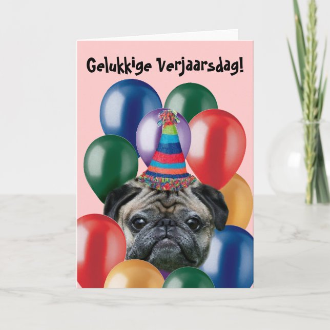 Tarjeta de saludo de pug de cumpleaños Gelukkige V (Anverso)