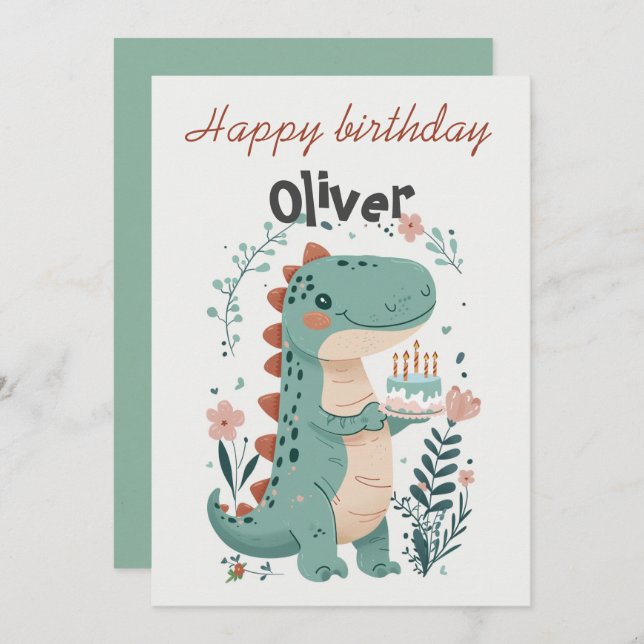 Tarjeta de saludo de quinto cumpleaños de Dinosaur (Anverso / Reverso)