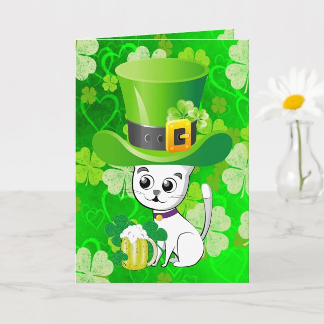 Tarjeta de saludo de San Patricio ShamrockCat Beer (Planta pequeña)