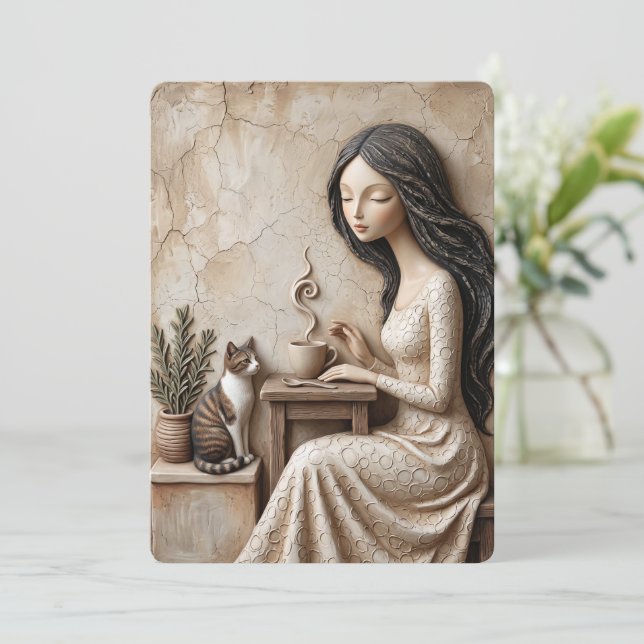 Tarjeta de saludo de té y gato Quiet Studio (Anverso de pie)