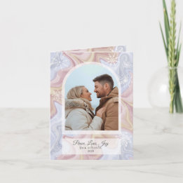 Tarjeta de saludo de vacaciones azul Boho Arch