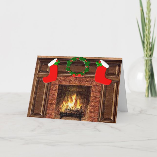 Tarjeta de saludo de vacaciones con chimenea cálid (Anverso)