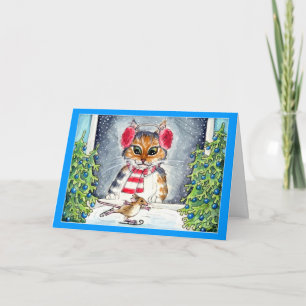 Tarjeta de saludo de vacaciones de gato y patinaje