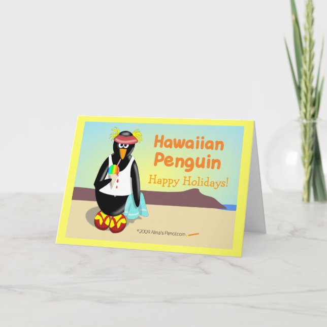Tarjeta de saludo de vacaciones en penguín hawaian (Anverso)