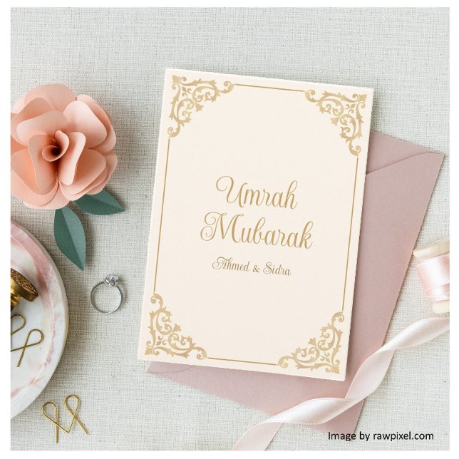 Tarjeta de saludo elegante Umrah Mubarak Cream Gol (Subido por el creador)