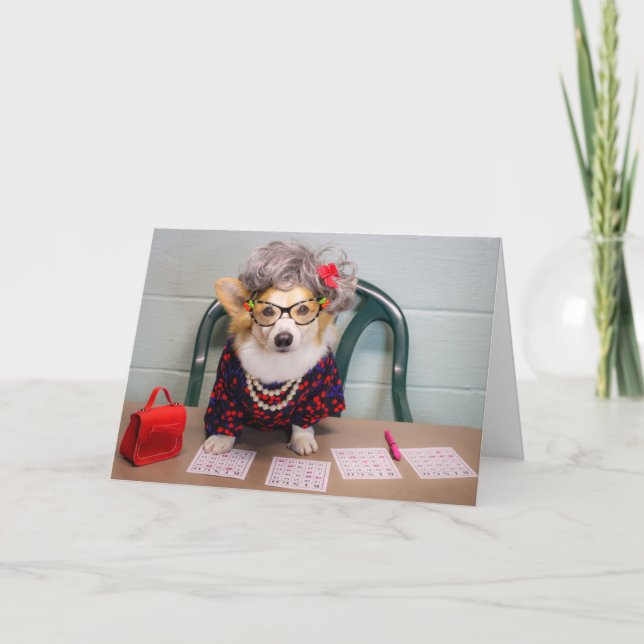 Tarjeta de saludo en blanco Bingo Corgi (Anverso)
