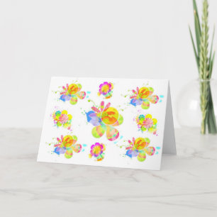 Tarjeta de saludo en blanco con flores de arcoiris
