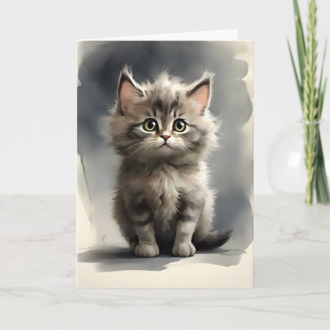 Tarjeta de saludo en blanco con retrato de gato de (Anverso)