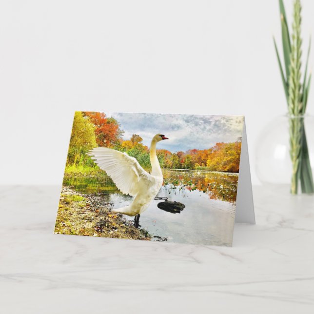 Tarjeta de saludo en blanco de cisne y otoño (Anverso)