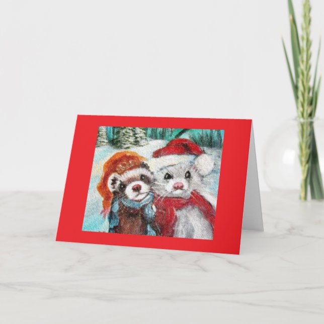 Tarjeta de saludo en blanco de hurón de invierno (Anverso)