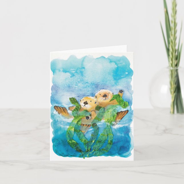 Tarjeta de saludo en BLANCO de nutrias y juguetone (Anverso)