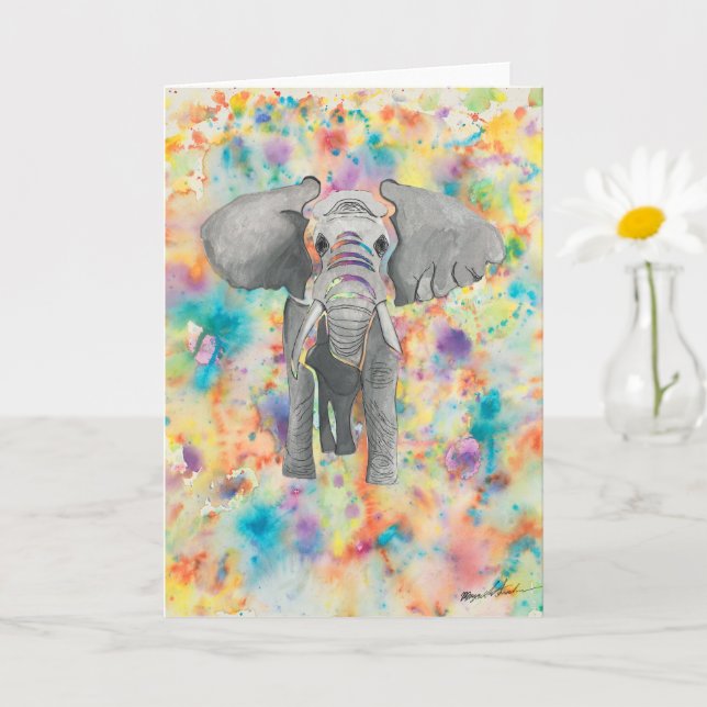 Tarjeta de saludo en blanco Elefante vibrante Arte (Planta pequeña)