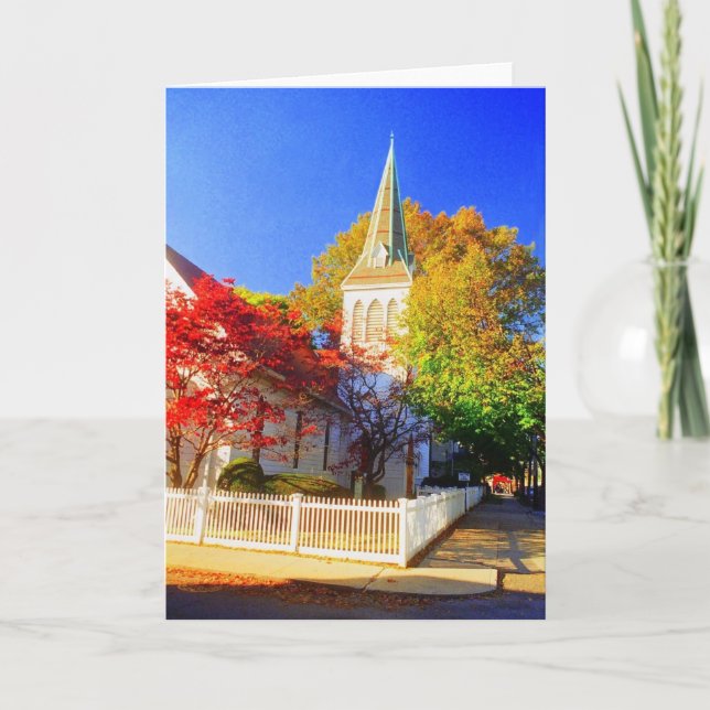 Tarjeta de saludo en blanco 'Iglesia de otoño' (Anverso)