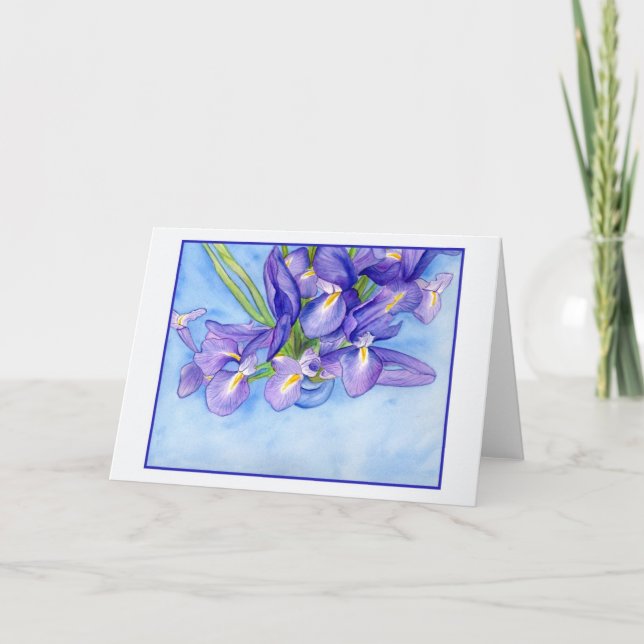 Tarjeta de saludo en blanco Iris Vase Blue Border (Anverso)