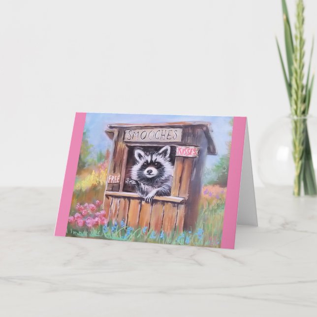 Tarjeta de saludo en blanco Raccoon SMOOCH (Anverso)