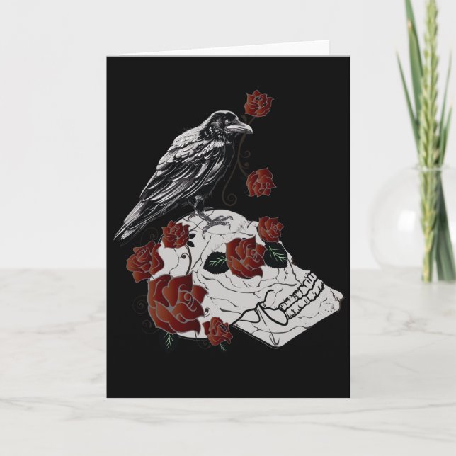 Tarjeta de saludo en blanco Skull, Raven y Rosas (Anverso)