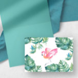 Tarjeta de saludo Flamingo Rosado Tropical<br><div class="desc">Elegante y refrescante, esta tarjeta de agradecimiento captura con gusto la esencia del trópico con un borde de exuberantes hojas de palma de monstera y un flamenco rosa con encanto, todo incluido en mi arte acuarela original pintado a mano. Al abrirse, la carta revela un sólido y sólido interior de...</div>