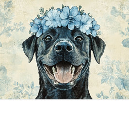 Tarjeta de Saludo Floral Azul de Labrador Negro Pe