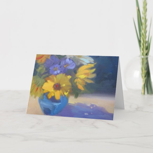 Tarjeta de saludo floral azul y amarillo (Anverso)