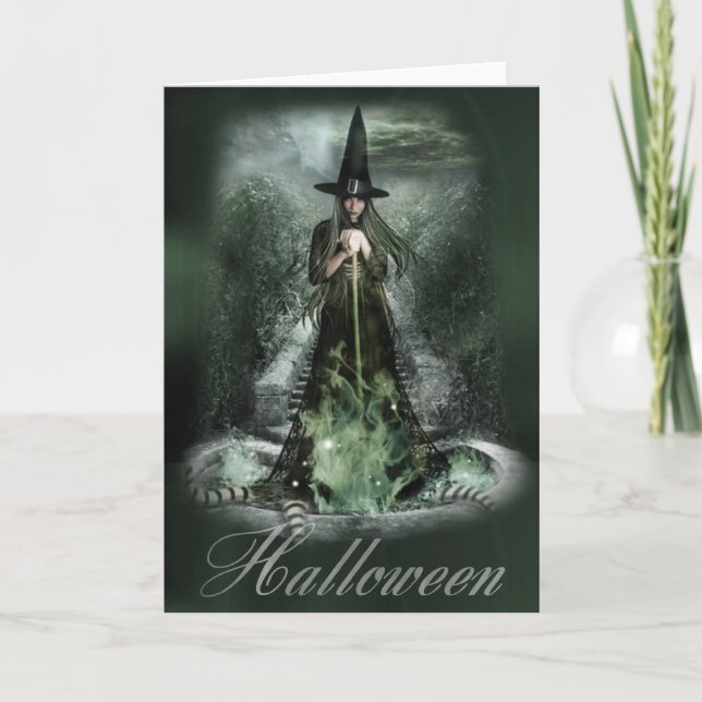 Tarjeta de saludo Green Witch Halloween (Anverso)