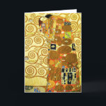 Tarjeta de saludo Gustav Klimt Fulfillment<br><div class="desc">Tarjeta de felicitación Gustav Klimt Fulfillment. Friso de 1909. Completada durante la fase dorada de Klimt, el Fulfillment presenta una pareja abrazadora que se sostiene bajo un tejido con múltiples patrones, con espirales, ojos, aves, peces y otras formas. El fondo de la obra incluye las mismas espirales de bronce que...</div>