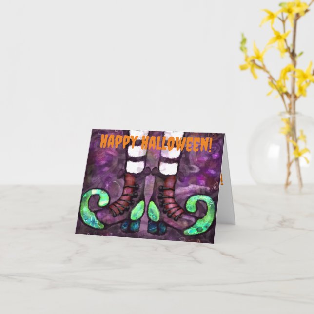 Tarjeta de saludo Happy Halloween Witch Boots (flor amarilla)