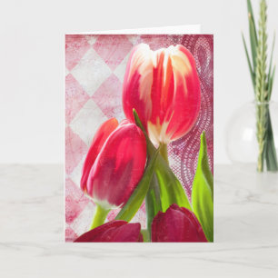 Tarjeta de saludo Harlequin, tulipanes rosados cal