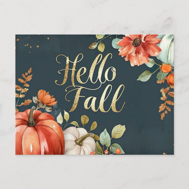 Tarjeta de saludo Hello Fall con flores (Anverso)