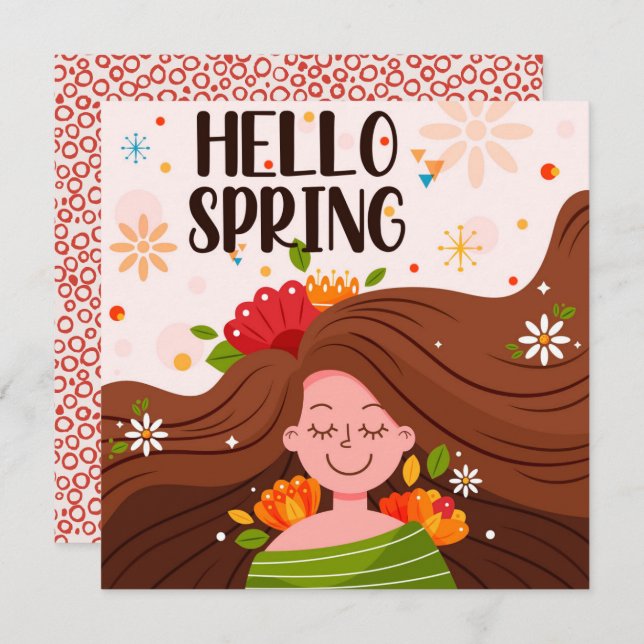 Tarjeta de saludo Hello Spring Chica Flowers (Anverso / Reverso)