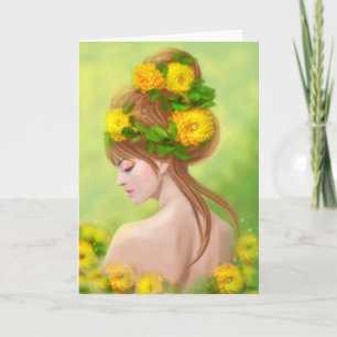 Tarjeta de saludo hermosa mujer con flores amarill