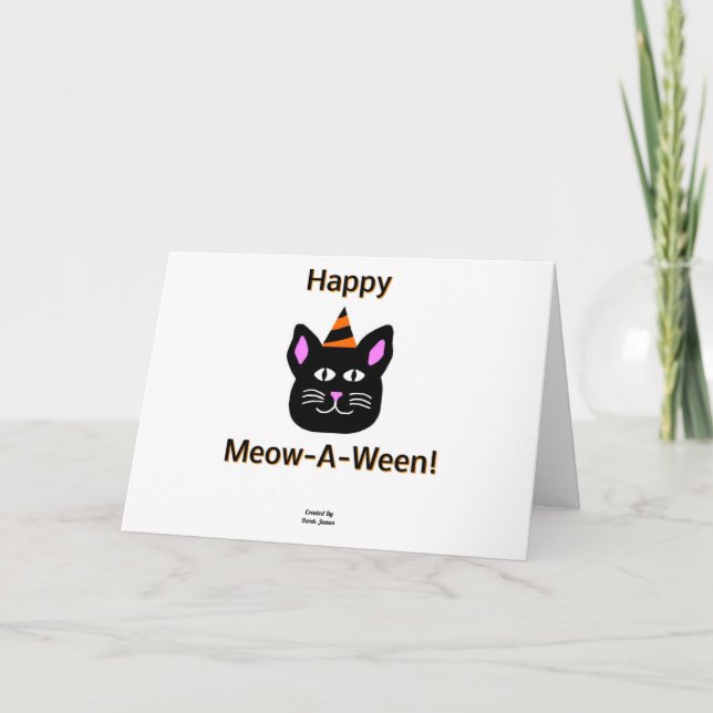 Tarjeta de saludo horizontal Meow-A-Ween de gato n (Anverso)