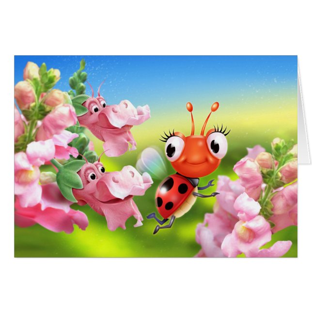 Tarjeta de saludo Ladybug y flores amigables (Anverso (Horizontal))