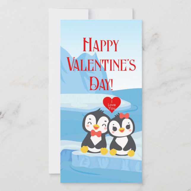 Tarjeta de saludo larga de Valentine Penguin Pair (Anverso)