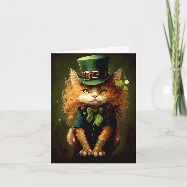 Tarjeta de saludo Leprechaun Irish Cat Ilustracion (Anverso)