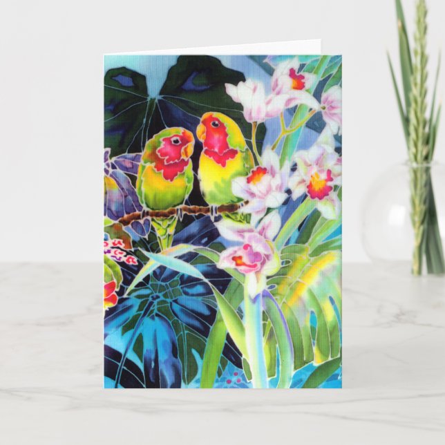 TARJETA DE Saludo LOVEBIRD con orquídeas (Anverso)