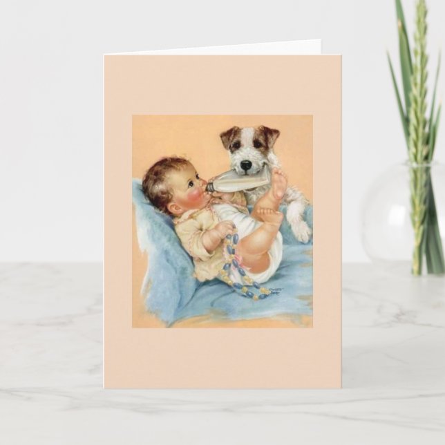 Tarjeta de saludo para bebe y perro de época (Anverso)
