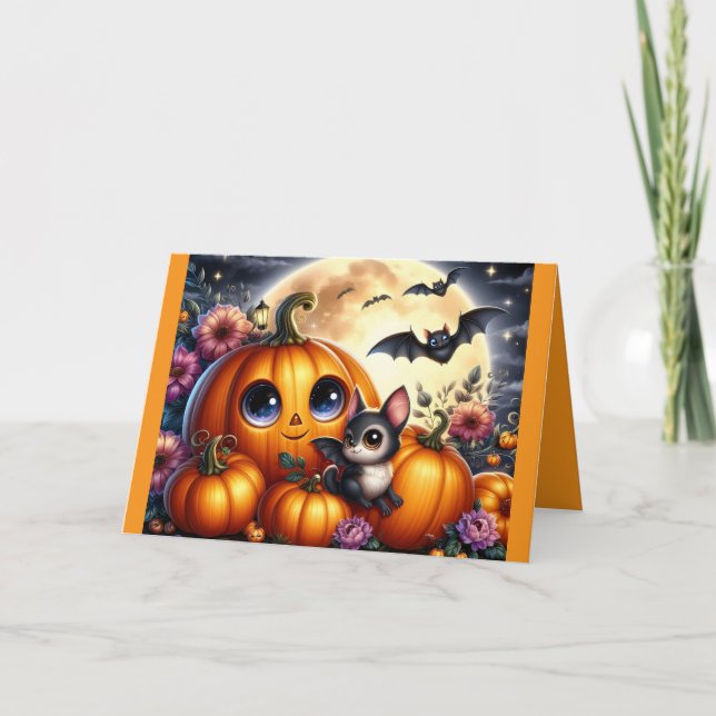 Tarjeta De Saludo Para Calabazas Y Bates De Hallow (Anverso)