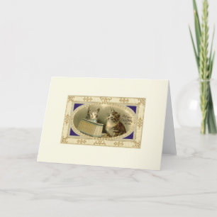Tarjeta de saludo para Navidades de gatos de época