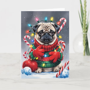 Tarjeta de saludo para Navidades de perro de pug