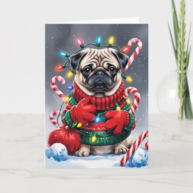 Tarjeta de saludo para Navidades de perro de pug (Anverso)