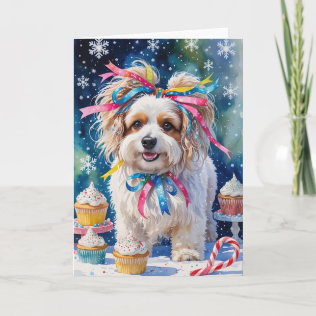 Tarjeta de saludo para Navidades de perro Lowchen (Anverso)